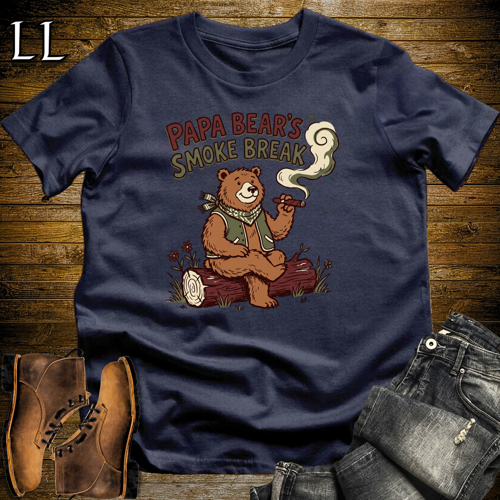 Papa Bears Smoke Break Cigar Softstyle Tee Navy | Cigar Dad Bear Tee