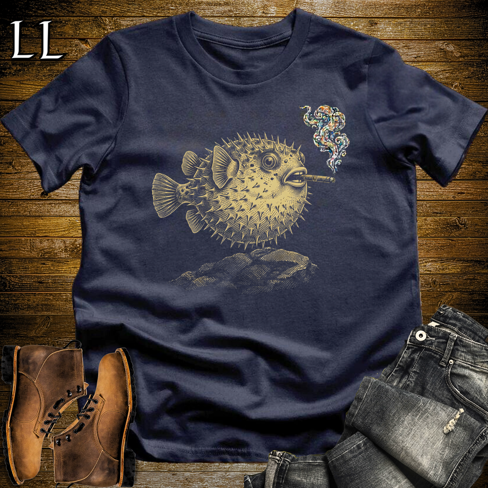 Vintage Cigar Pufferfish Softstyle T Shirt Navy | Funny Cigar Shirt