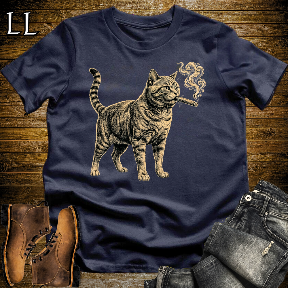 Vintage Cigar Cat Softstyle T Shirt Navy | Funny Cigar Shirt