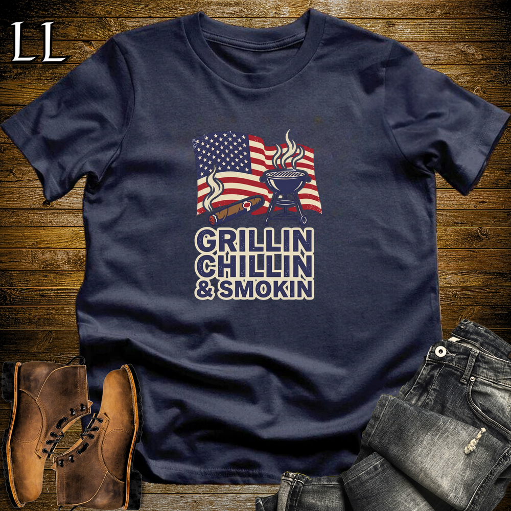 Cigar Grillin Chillin And Smokin Softstyle T Shirt Navy | Cigar BBQ Tee