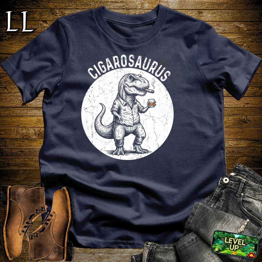 Cigarosaurus Softstyle T Shirt Navy | Funny Cigar Dinosaur Tee