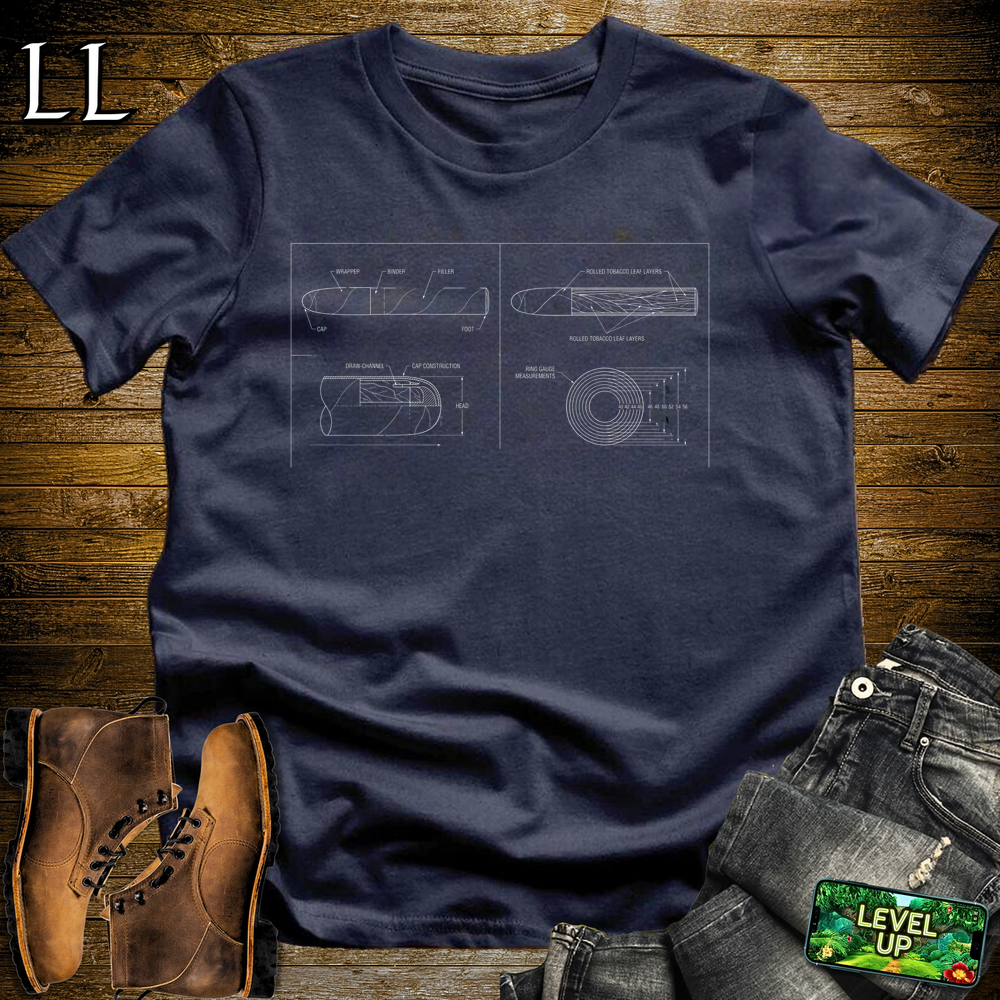 Cigar Blueprint Softstyle T Shirt Navy | Cigar Lover Graphic Tee