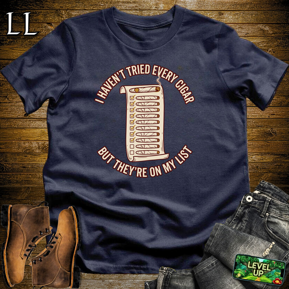 Try Every Cigar List Softstyle T Shirt Navy | Cigar Lover Tee