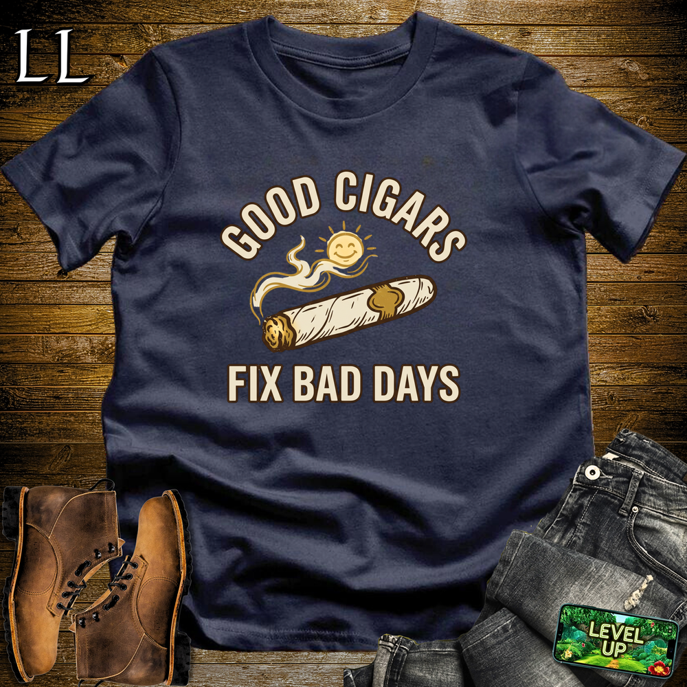Good Cigars Fix Bad Days Softstyle T Shirt Navy | Cigar Lover Tee