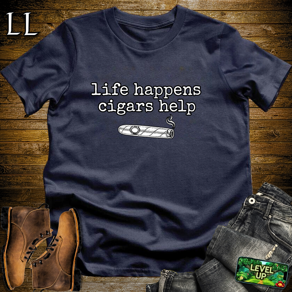 Life Happens Cigars Help Softstyle T Shirt Navy | Funny Cigar Tee