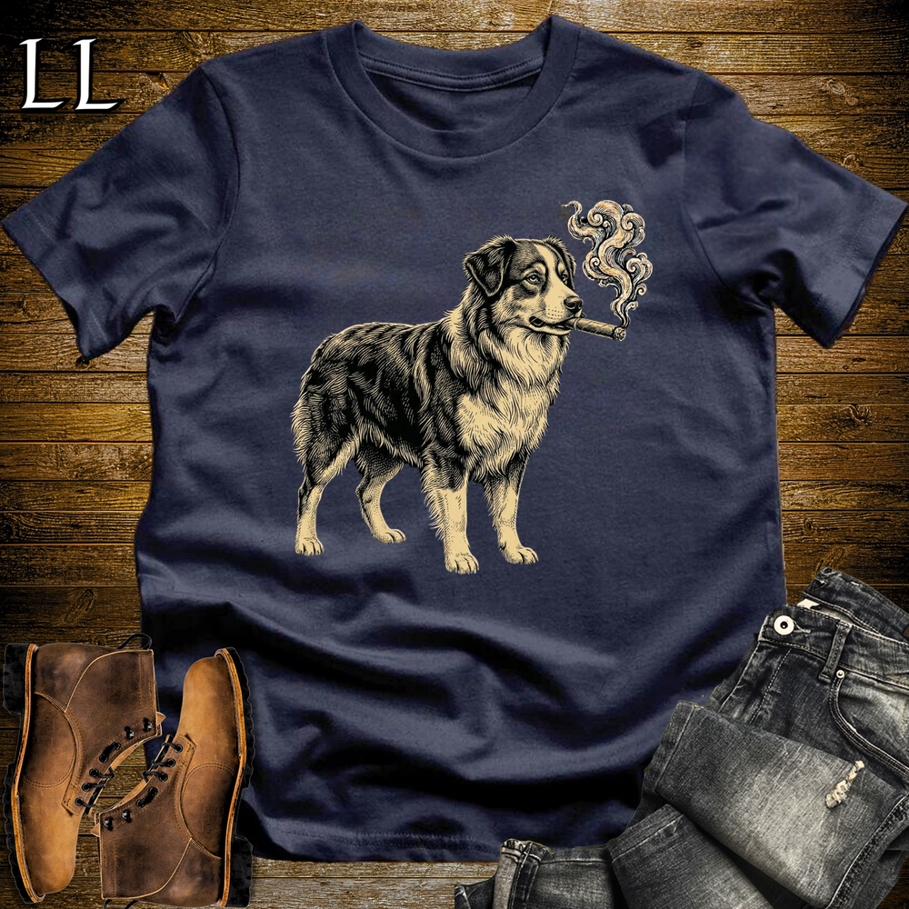 Vintage Cigar Australian Shepherd Softstyle T Shirt Navy | Cigar Australian Shepherd Tee