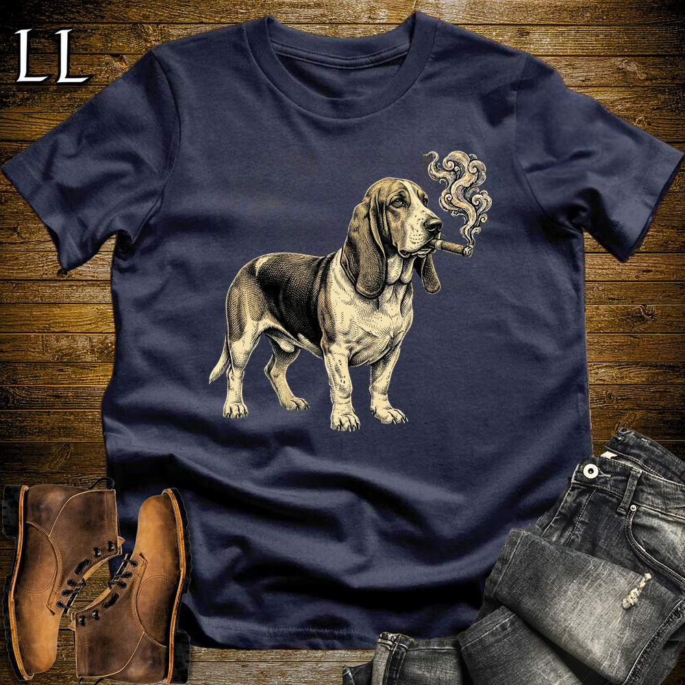 Vintage Cigar Basset Hound Softstyle T Shirt Navy | Cigar Basset Hound Tee
