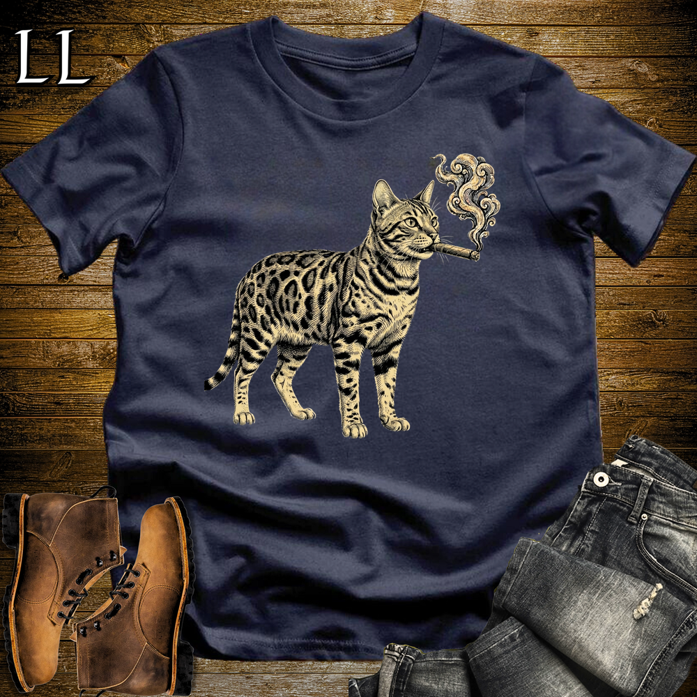 Vintage Cigar Bengal Cat Softstyle T Shirt Navy | Cigar Bengal Cat Tee
