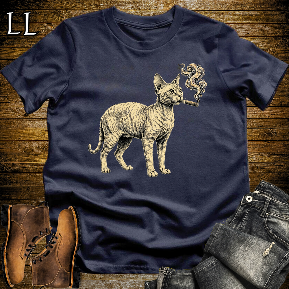 Vintage Cigar Devon Rex Softstyle T Shirt Navy | Cigar Devon Rex Cat Tee
