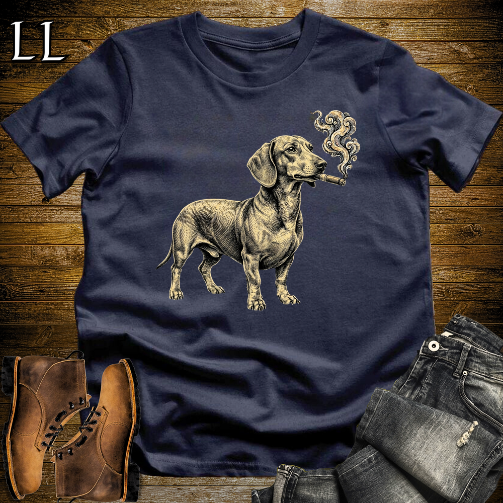 Vintage Cigar Dachshund Softstyle T Shirt Navy | Cigar Dachshund Dog Tee