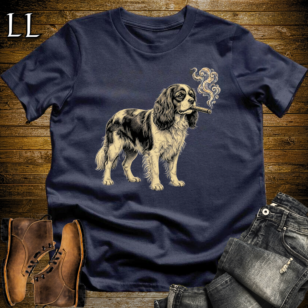 Vintage Cigar King Charles Cavalier Spaniel Softstyle T Shirt Navy | Dog Lover Cigar Tee