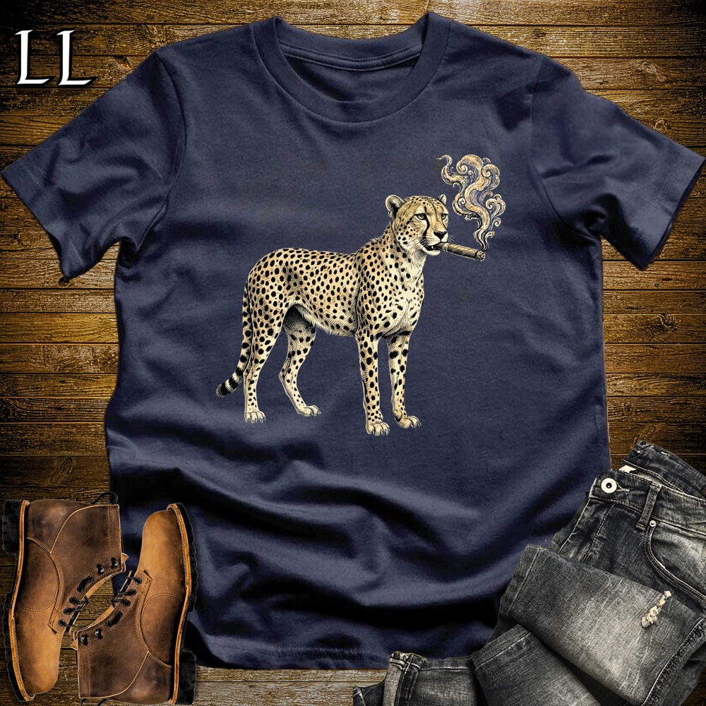 Vintage Cigar Cheetah Softstyle T Shirt Navy | Funny Animal Cigar Tee