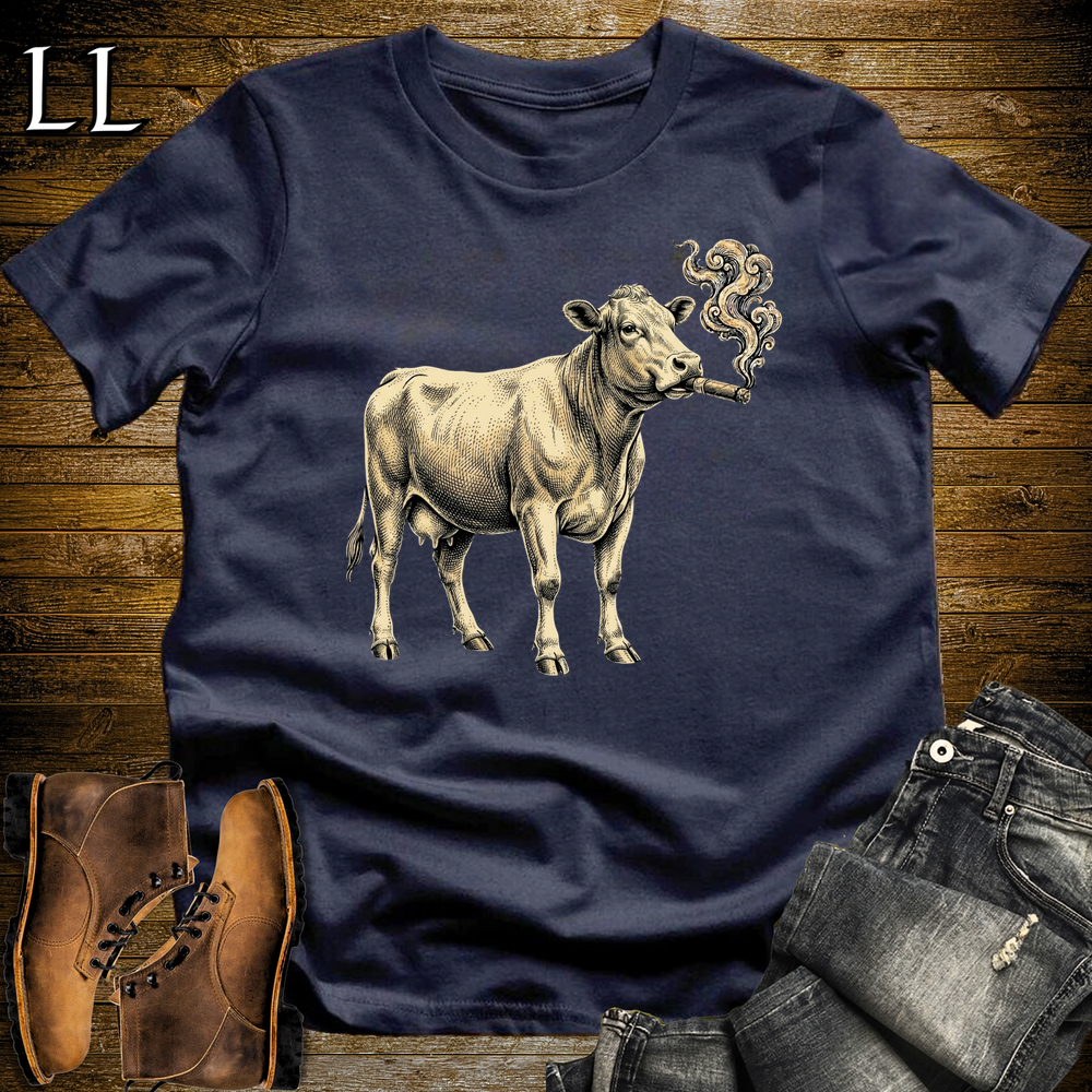 Vintage Cigar Cow Softstyle T Shirt Navy | Funny Animal Cigar Tee