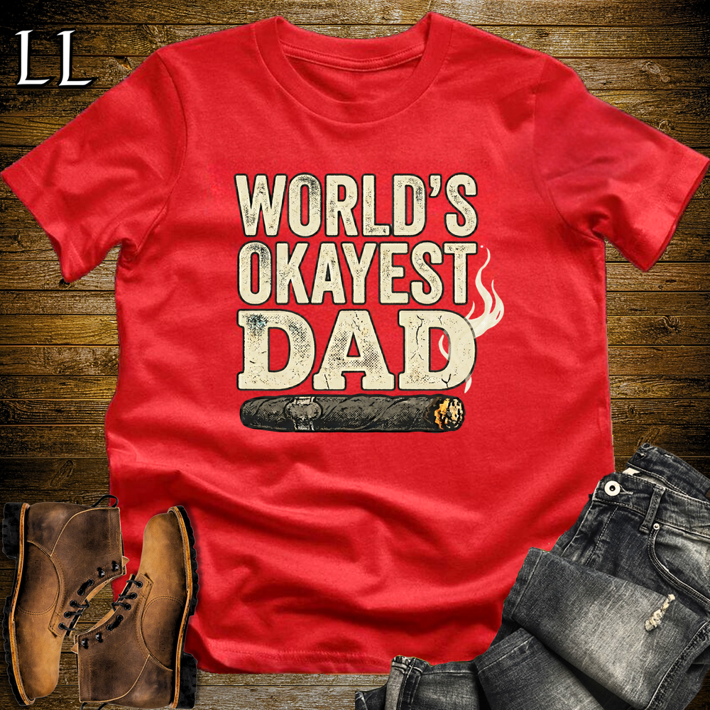 Worlds Okayest Dad Cigar Softstyle Tee Red | Funny Cigar Dad Tee