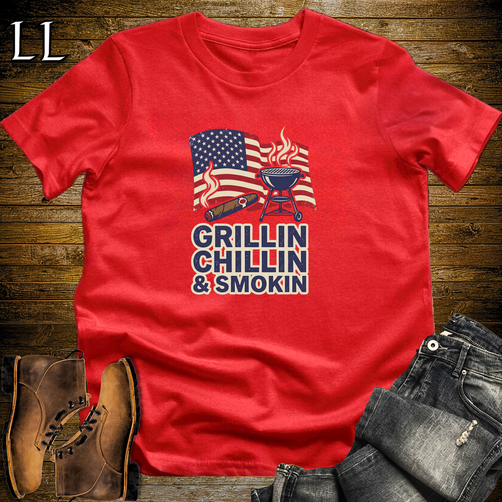Cigar Grillin Chillin And Smokin Softstyle T Shirt Red | Cigar BBQ Tee
