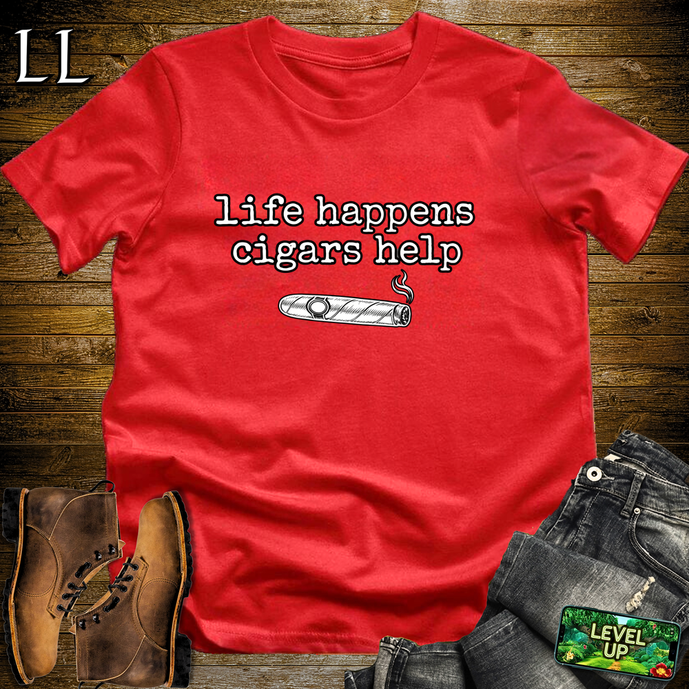 Life Happens Cigars Help Softstyle T Shirt Red | Funny Cigar Tee