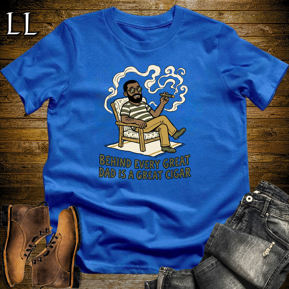 Behind Every Great Dad Cigar Softstyle Tee Royal Blue | Cigar Dad Slogan Tee