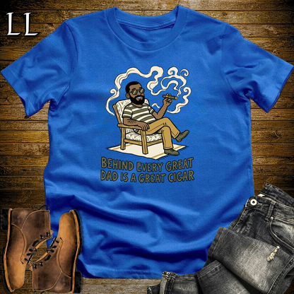Behind Every Great Dad Cigar Softstyle Tee Royal Blue | Cigar Dad Slogan Tee