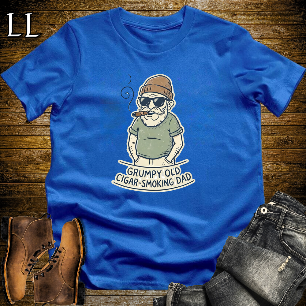 Grumpy Old Cigar Smoking Dad Tan Softstyle Tee Royal Blue | Funny Grumpy Dad Cigar Tee