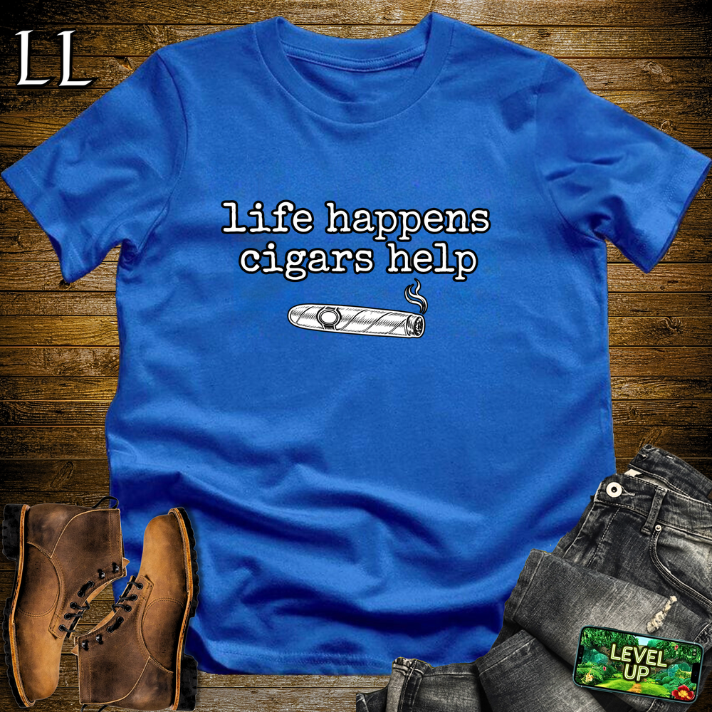 Life Happens Cigars Help Softstyle T Shirt Royal | Funny Cigar Tee