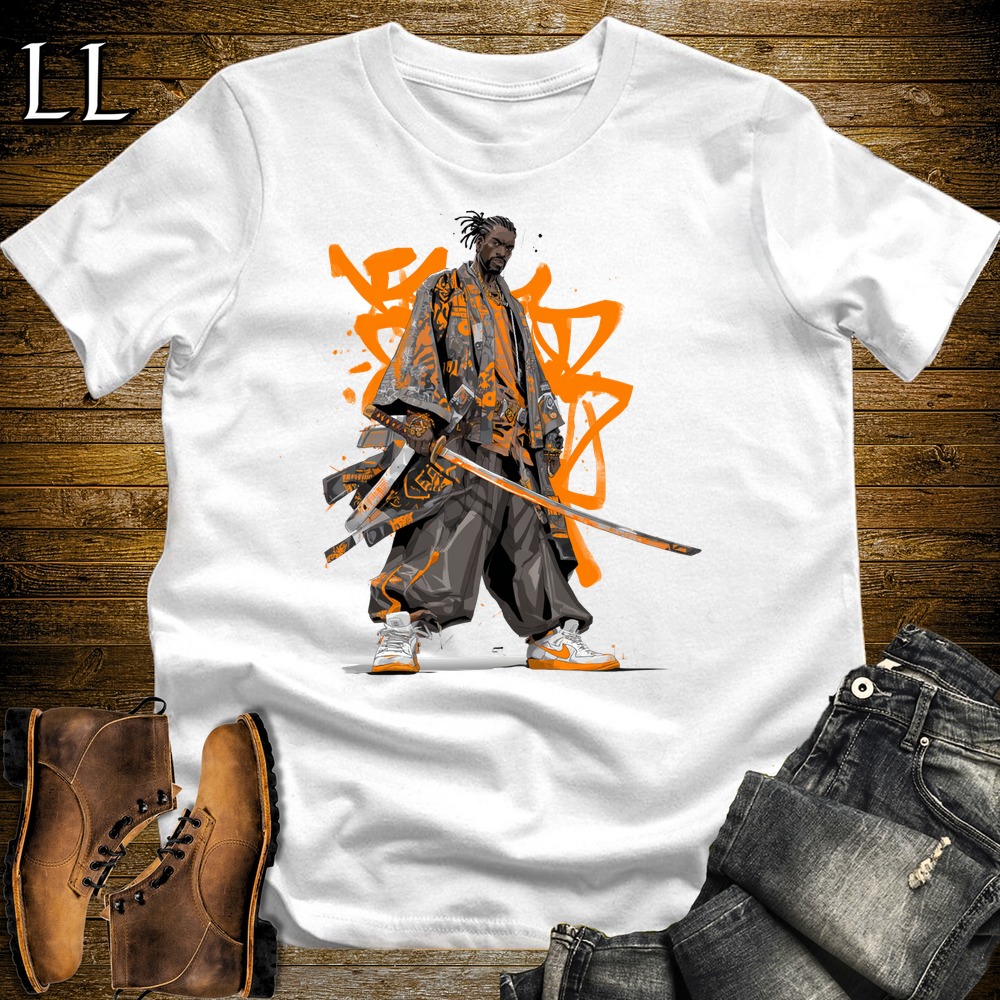 African Orange Street Samurai White | African Warrior Tee
