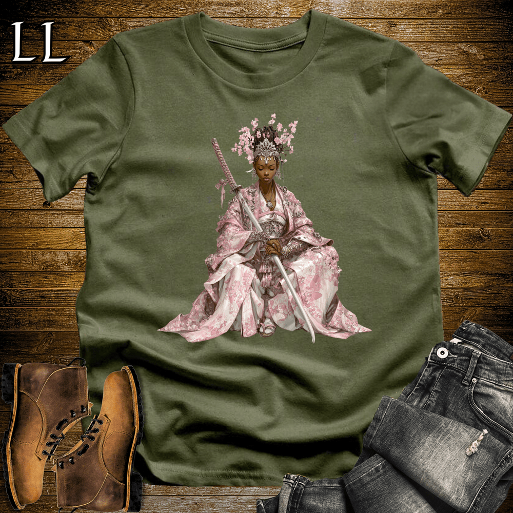 African Cherry Blossom Samurai Queen Military Green | African Warrior Tee