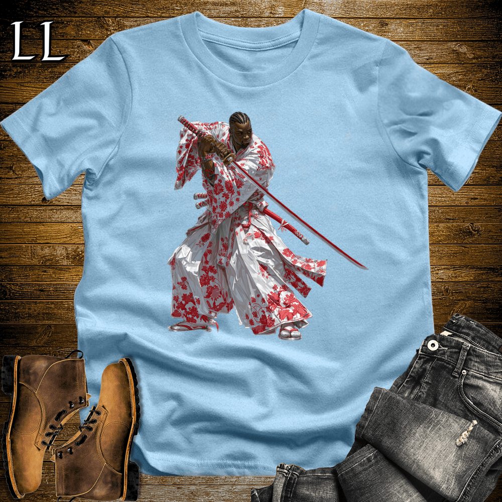 African Red Blossom Samurai Light Blue | African Warrior Tee