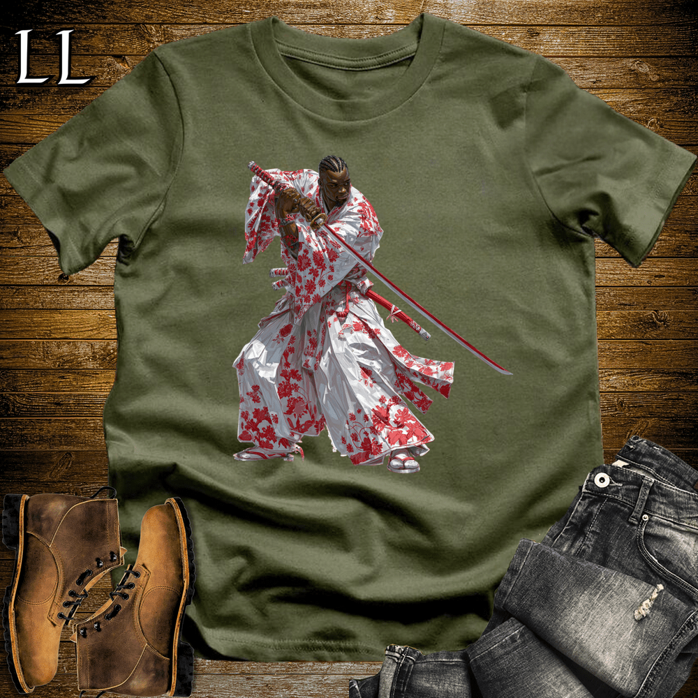 African Red Blossom Samurai Military Green | African Warrior Tee
