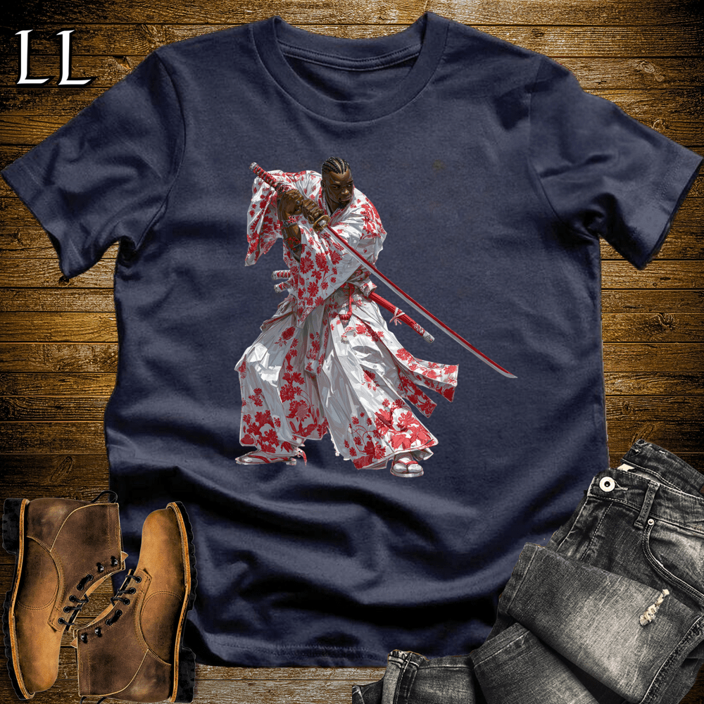 African Red Blossom Samurai Navy | African Warrior Tee