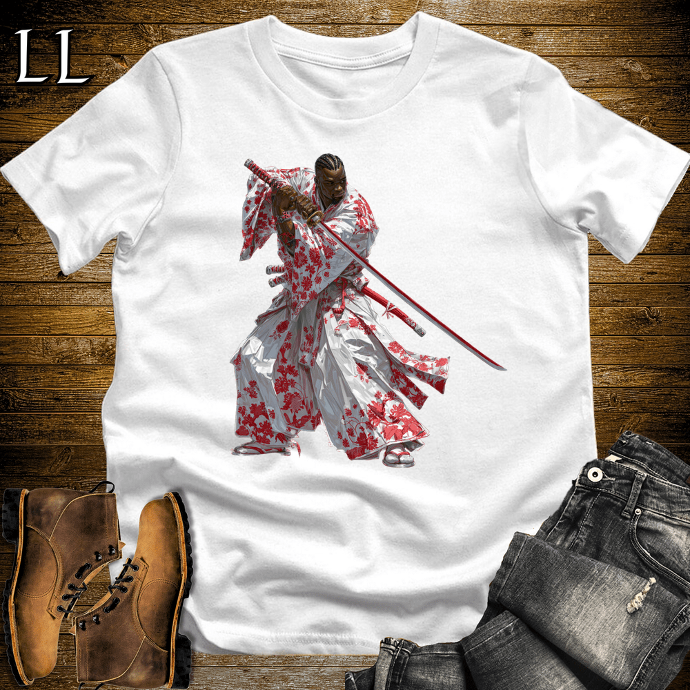 African Red Blossom Samurai White | African Warrior Tee
