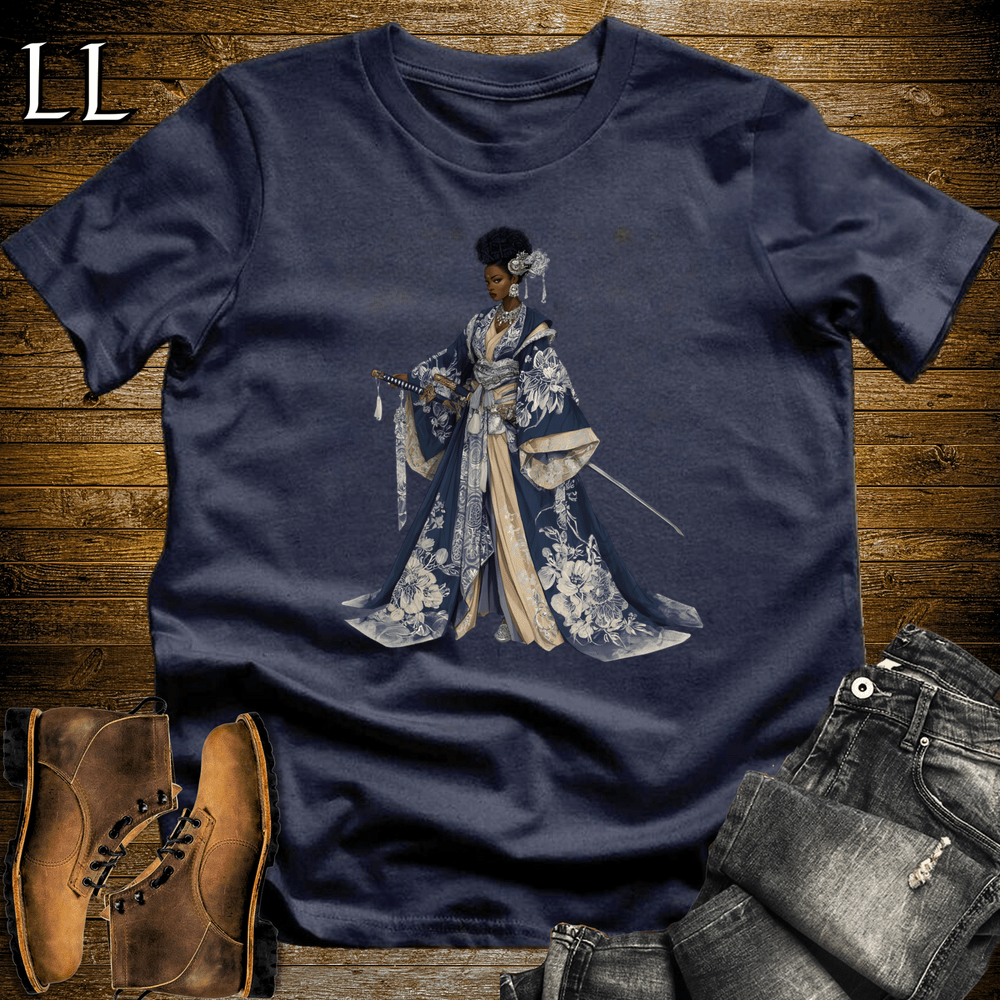 African Silver Blossom Samurai Queen Navy | African Warrior Tee
