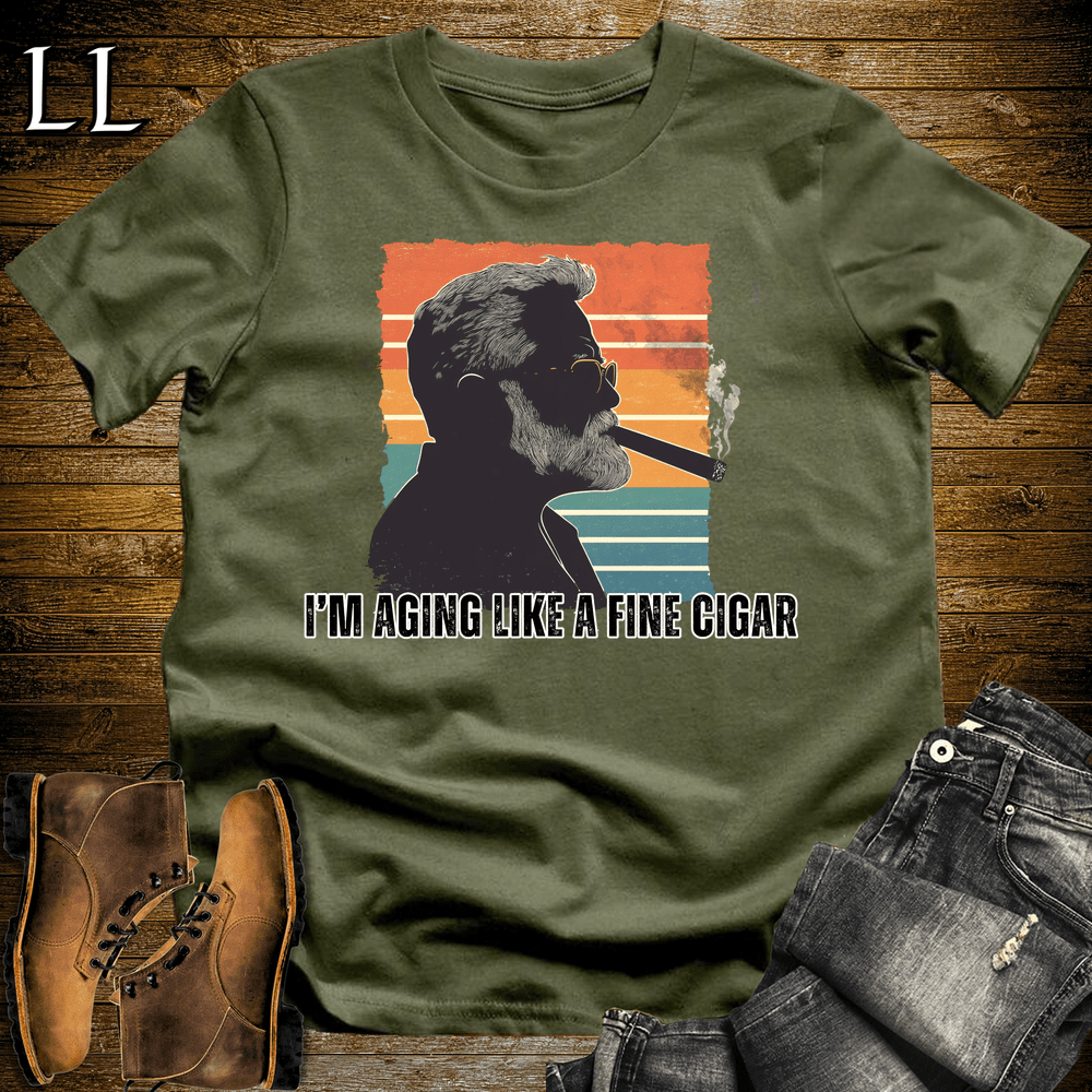 "Aging Like A Fine Cigar" cigar lifestyle graphic tee in Military Green — by Legacy Layers