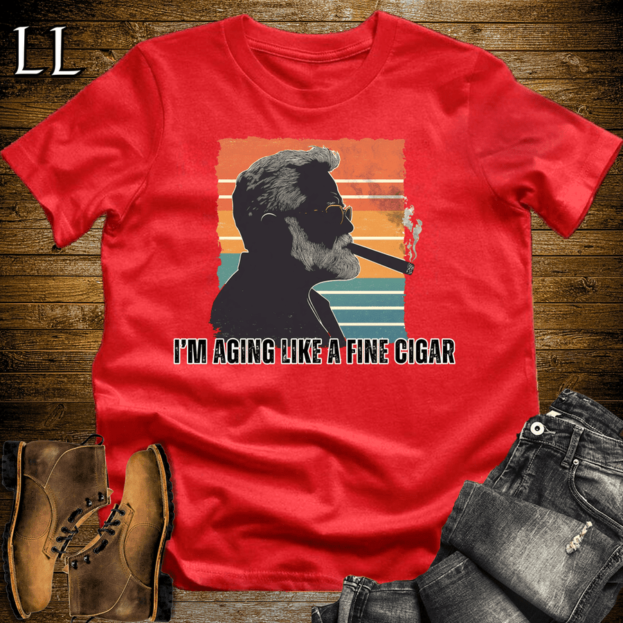 "Aging Like A Fine Cigar" cigar lifestyle graphic tee in Red — by Legacy Layers