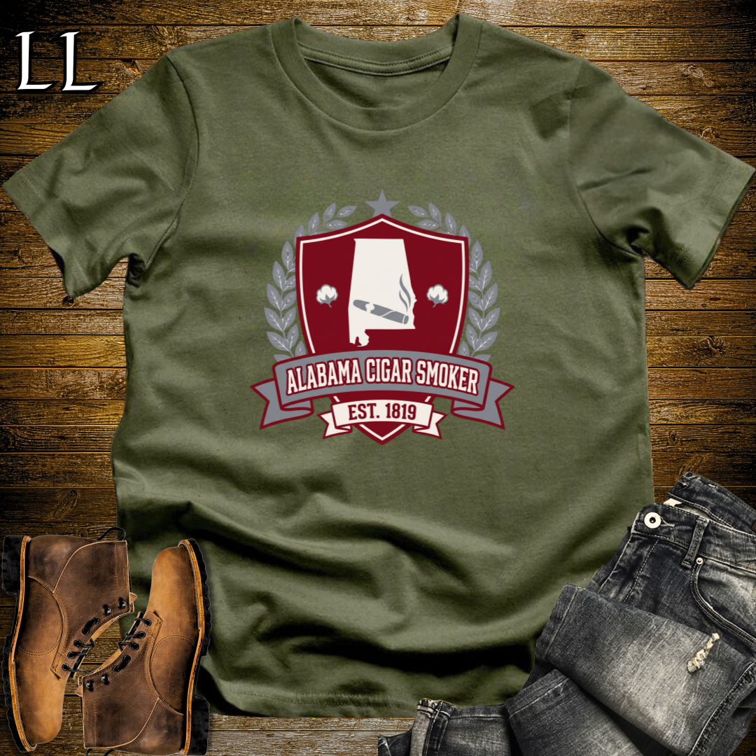 Alabama Cigar Smoker Shield T-Shirt Military Green | Alabama Cigar Crest Gift