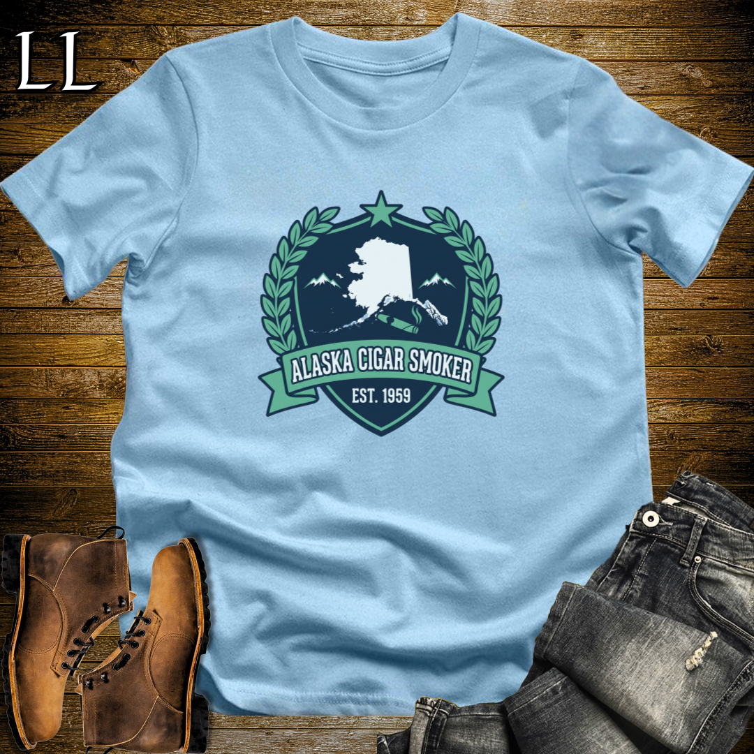 Alaska Cigar Smoker Shield T-Shirt Light Blue | Alaska Cigar Crest Shirt