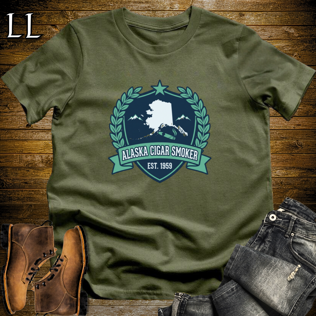 Alaska Cigar Smoker Shield T-Shirt Military Green | Alaska Cigar Crest Shirt