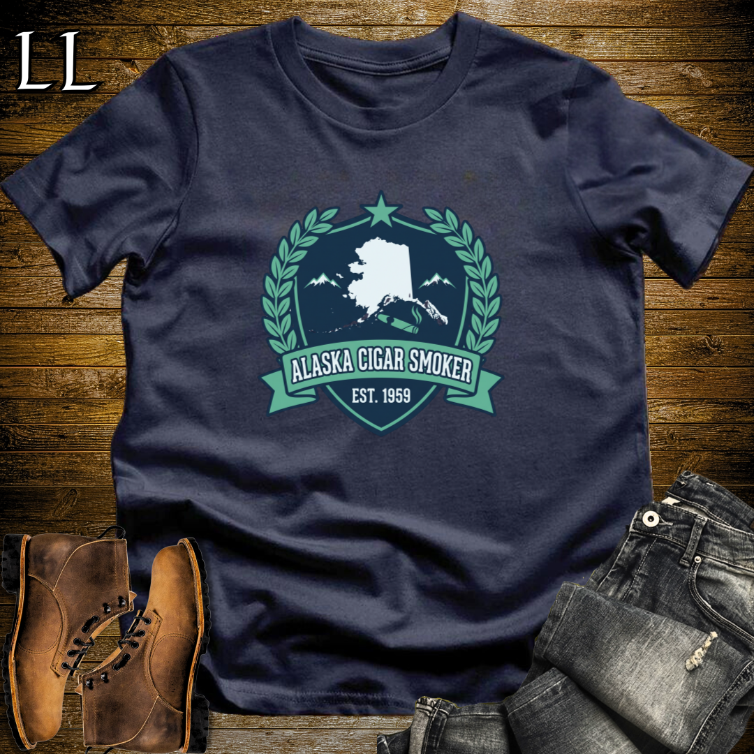 Alaska Cigar Smoker Shield T-Shirt Navy | Alaska Cigar Crest Shirt