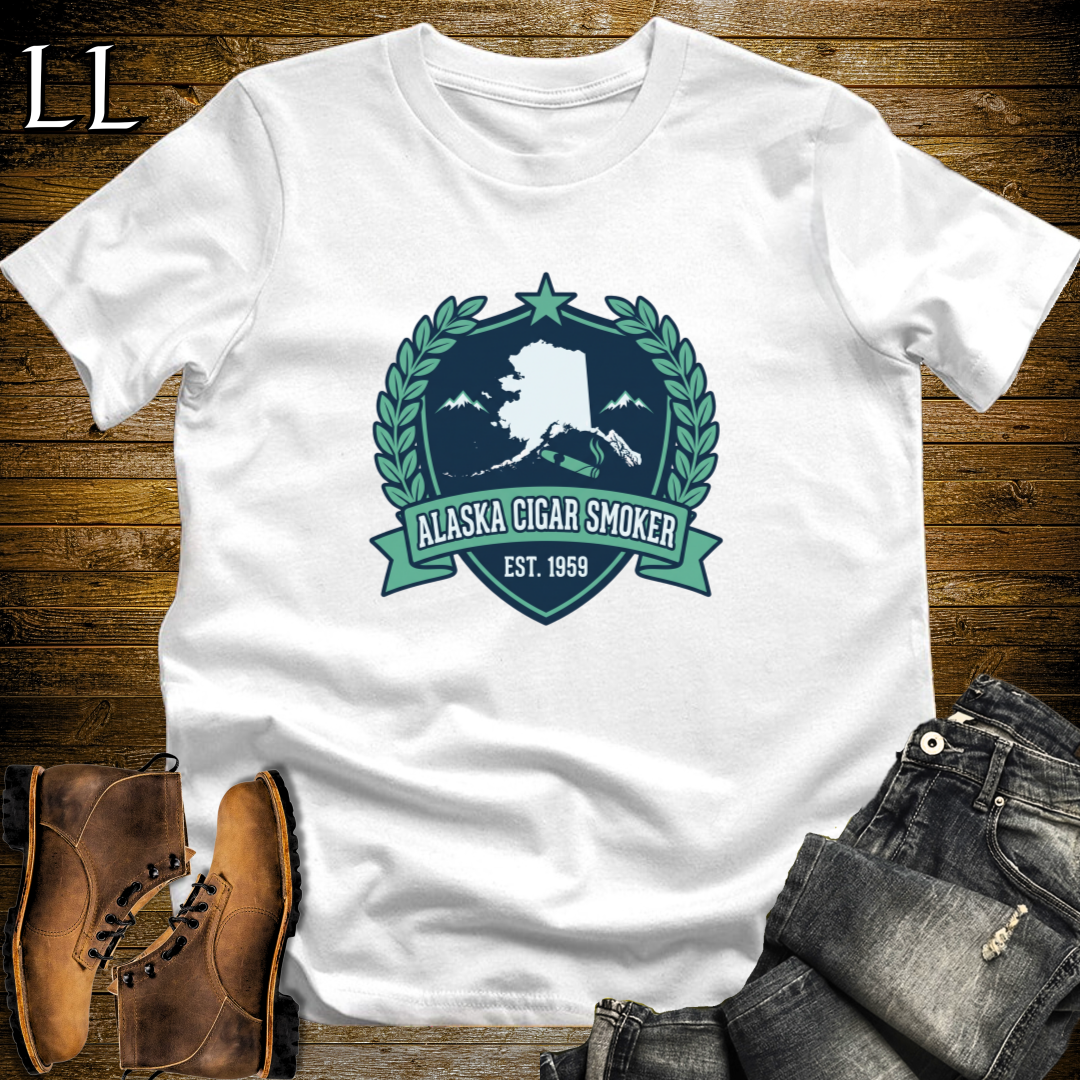 Alaska Cigar Smoker Shield T-Shirt White | Alaska Cigar Crest Shirt