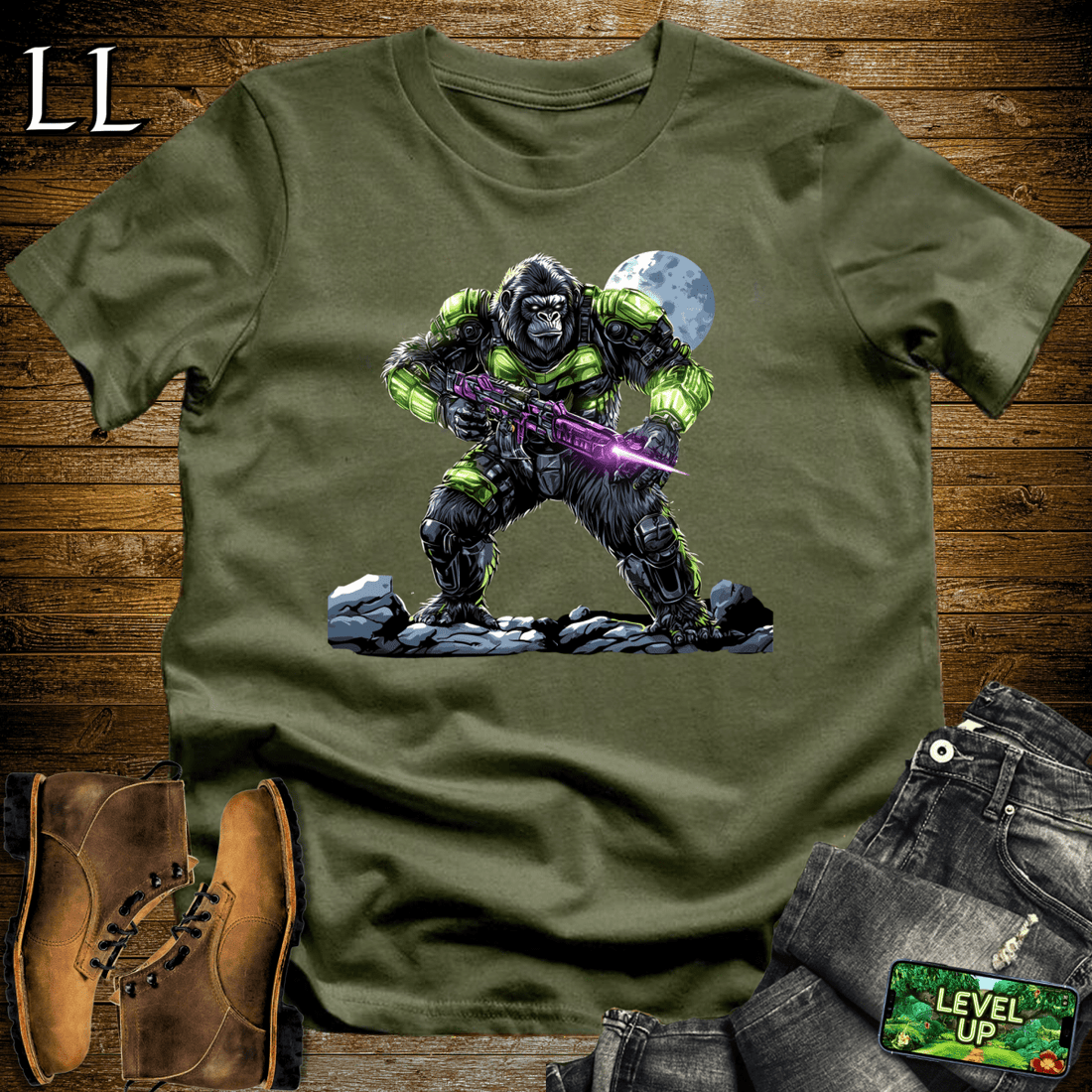 Alien Hunter Gorilla Softstyle Tee Military Green | Sci-Fi Graphic Tee