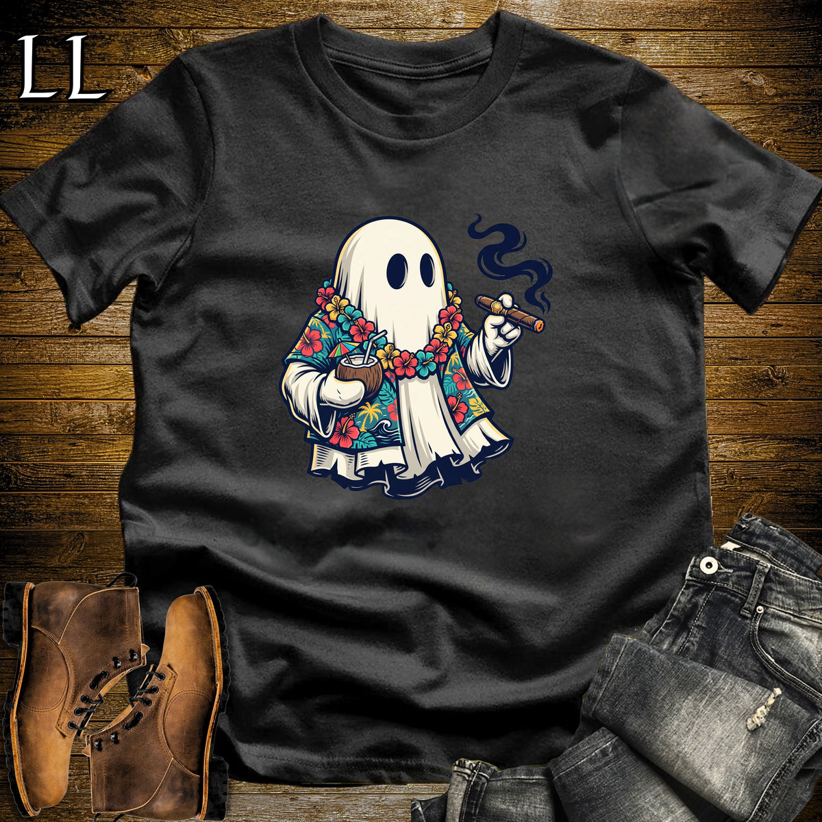 Aloha Ghost Tiki Cigar T-Shirt Black | Halloween Cigar Tee