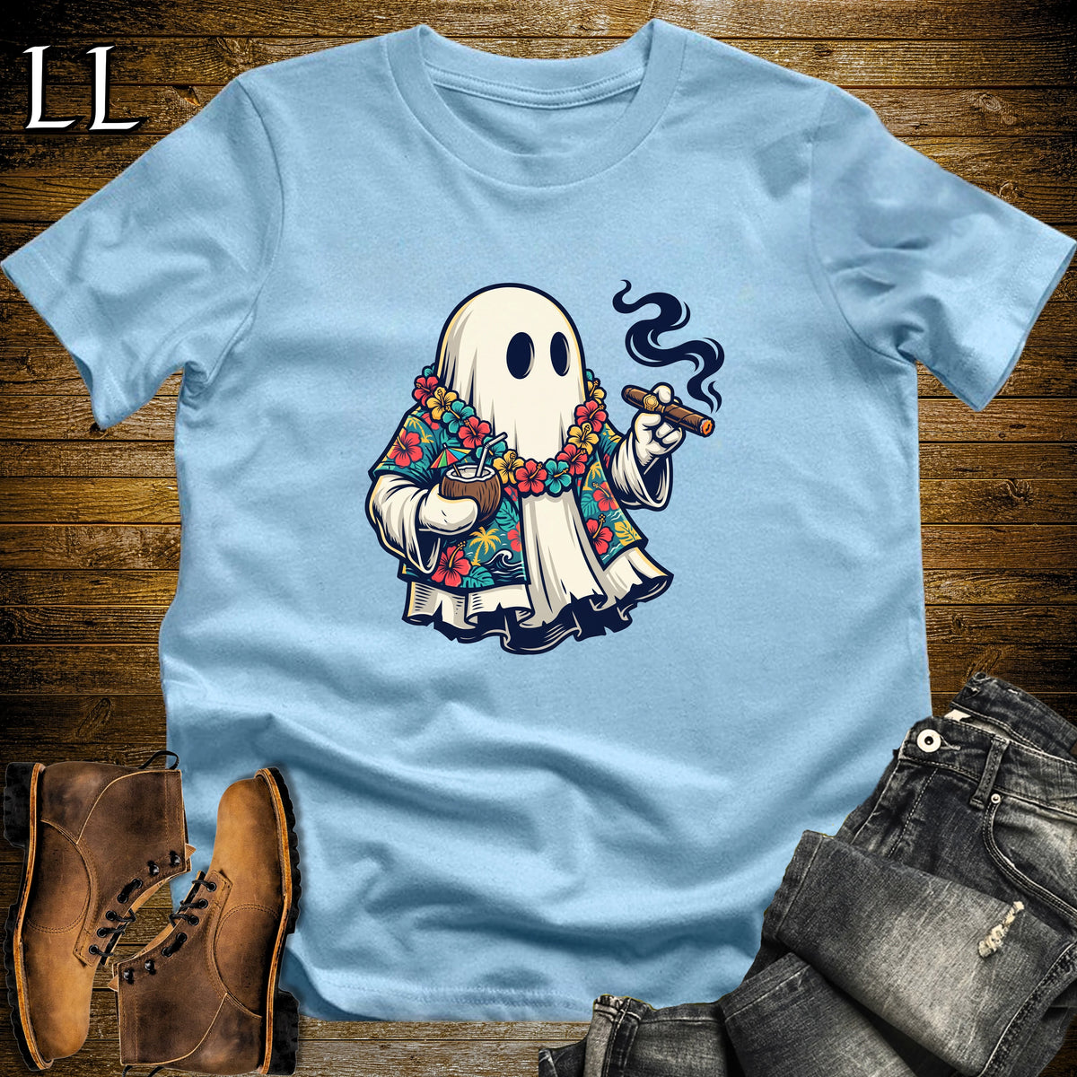 Aloha Ghost Tiki Cigar T-Shirt Light Blue | Halloween Cigar Tee