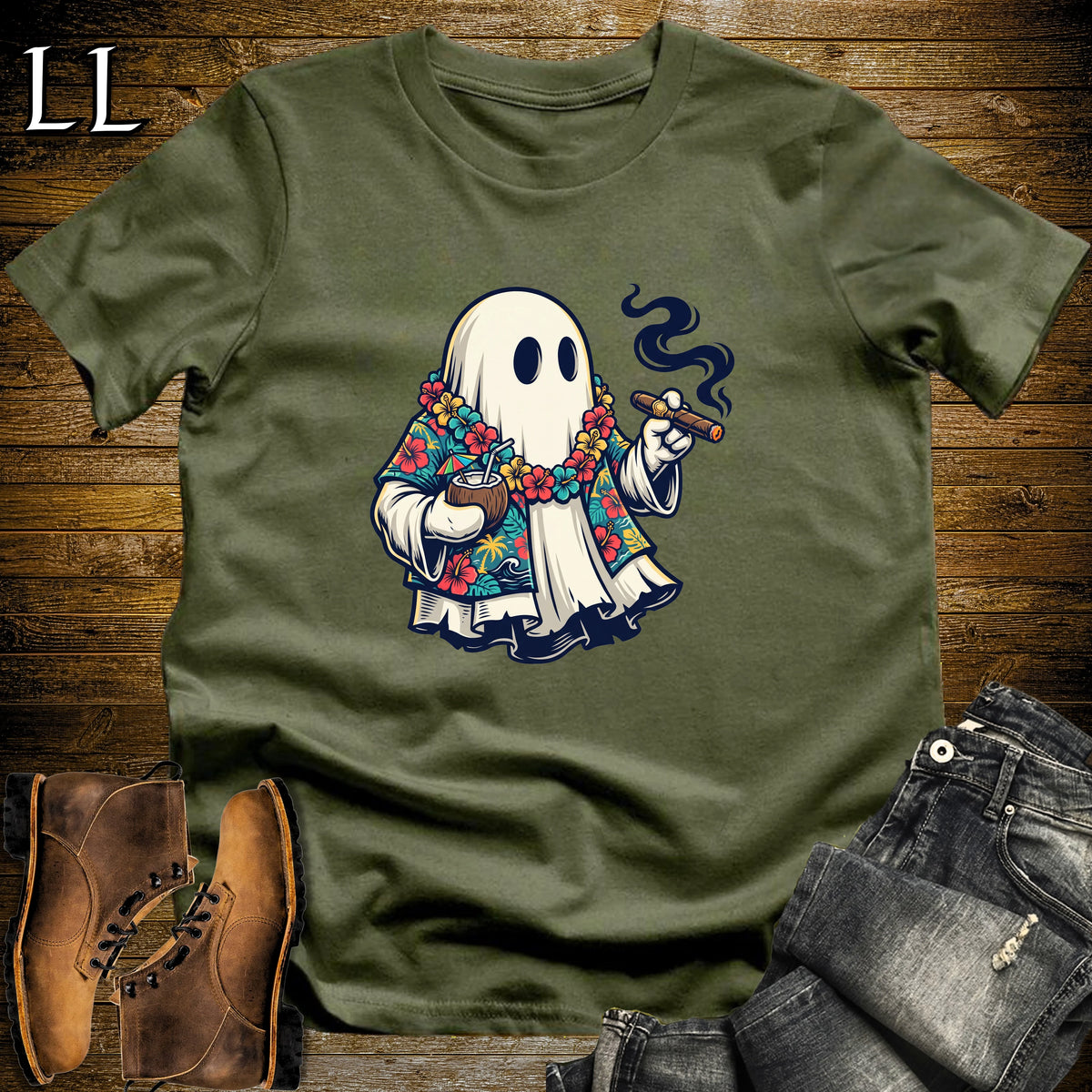 Aloha Ghost Tiki Cigar T-Shirt Military Green | Halloween Cigar Tee