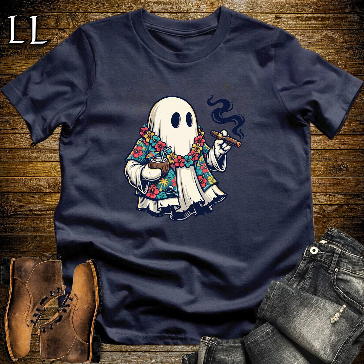 Aloha Ghost Tiki Cigar T-Shirt Navy | Halloween Cigar Tee