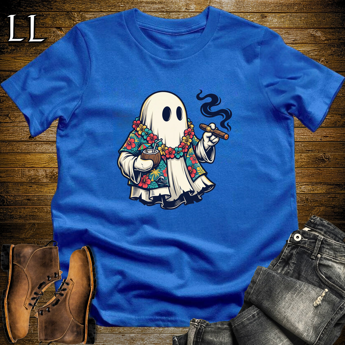 Aloha Ghost Tiki Cigar T-Shirt Royal | Halloween Cigar Tee