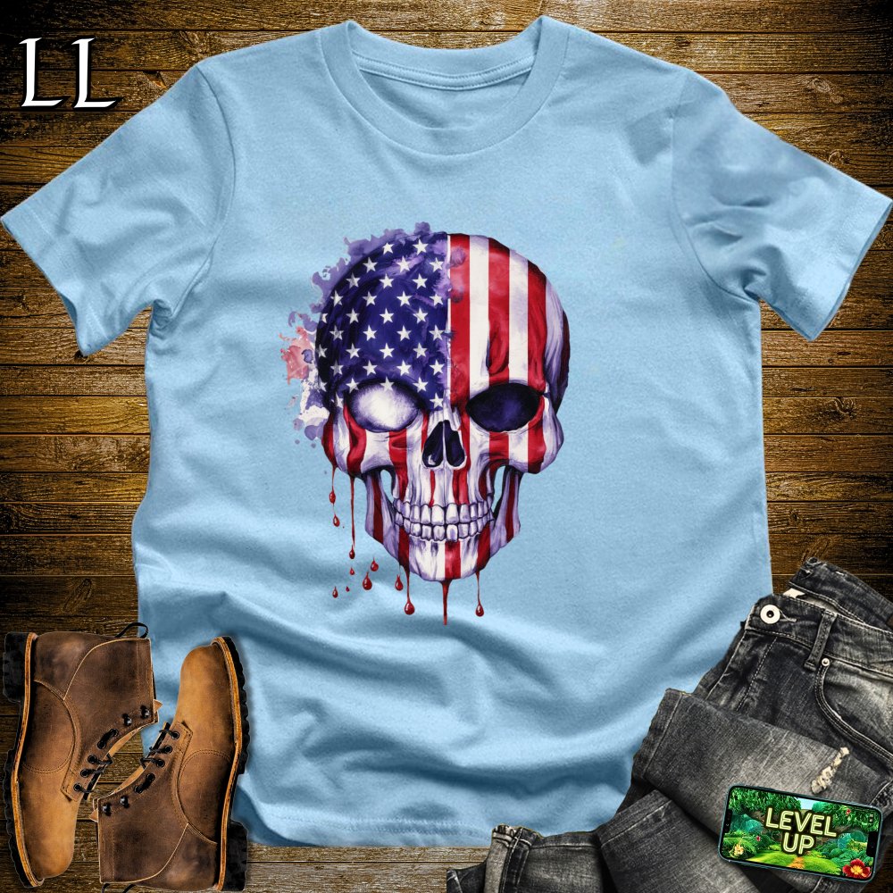 American Flag Grim Reaper Skull Softstyle Tee - Light Blue - LegacyLayers