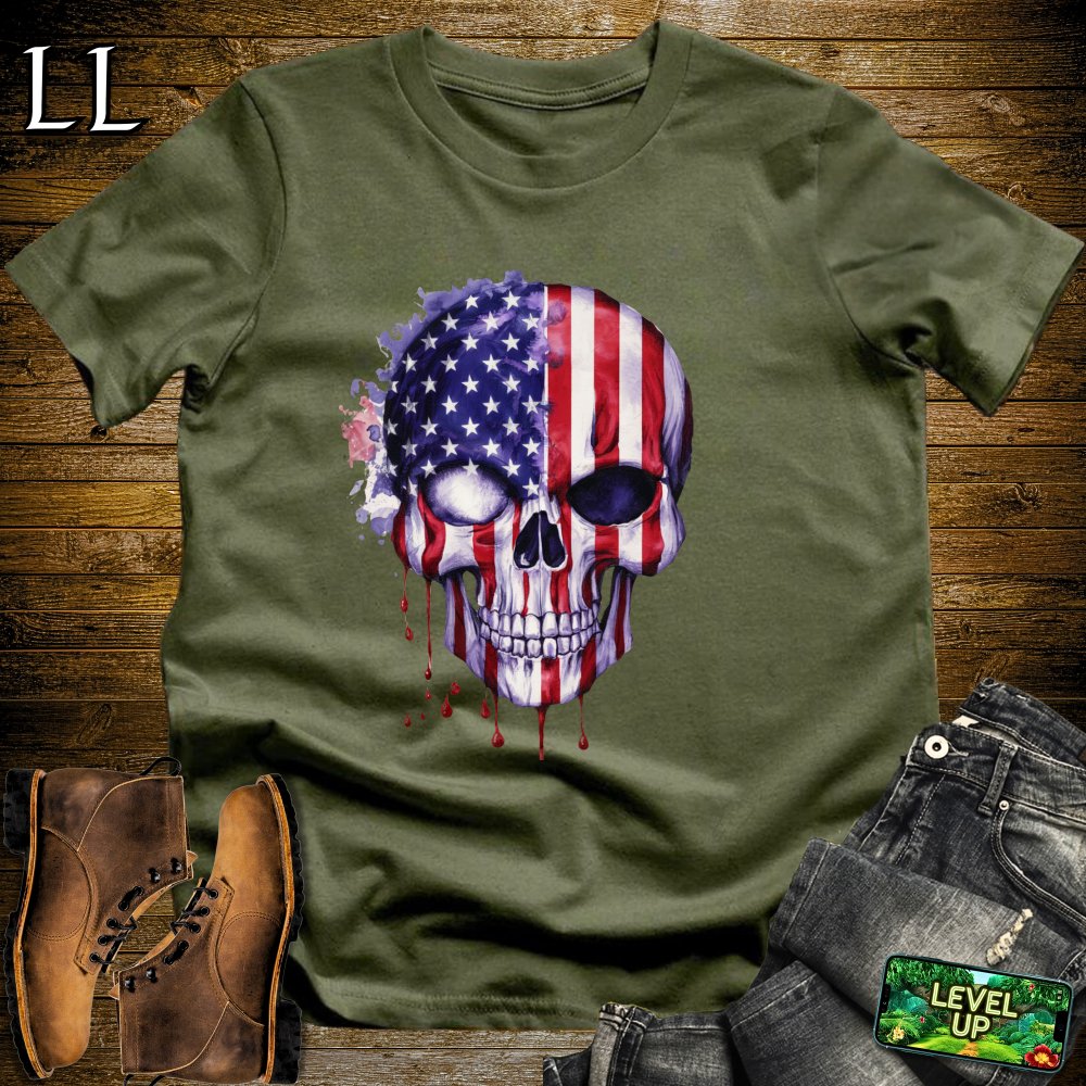 American Flag Grim Reaper Skull Softstyle Tee - Military Green - LegacyLayers