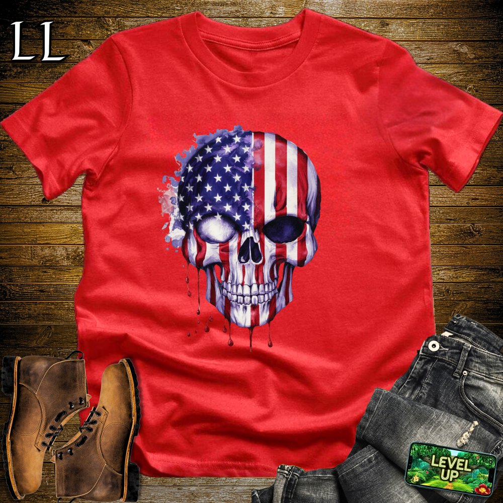 American Flag Grim Reaper Skull Softstyle Tee - Red - LegacyLayers