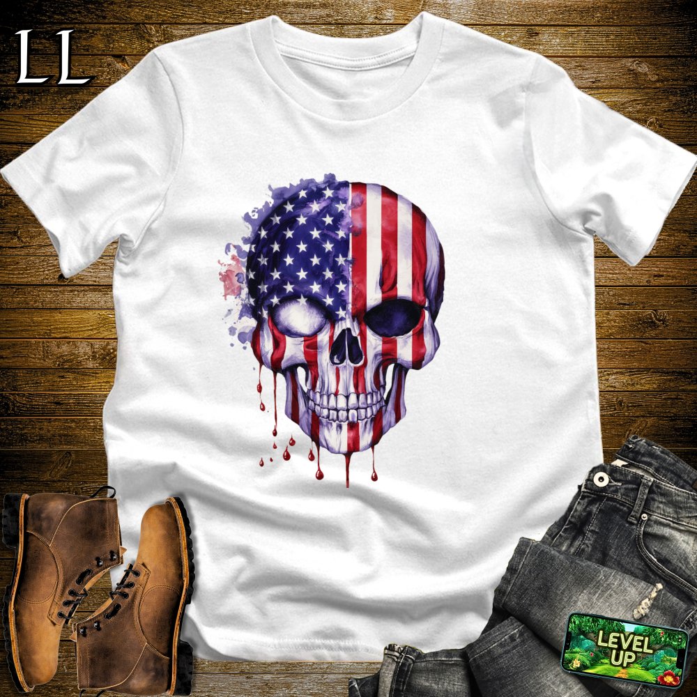 American Flag Grim Reaper Skull Softstyle Tee - White - LegacyLayers