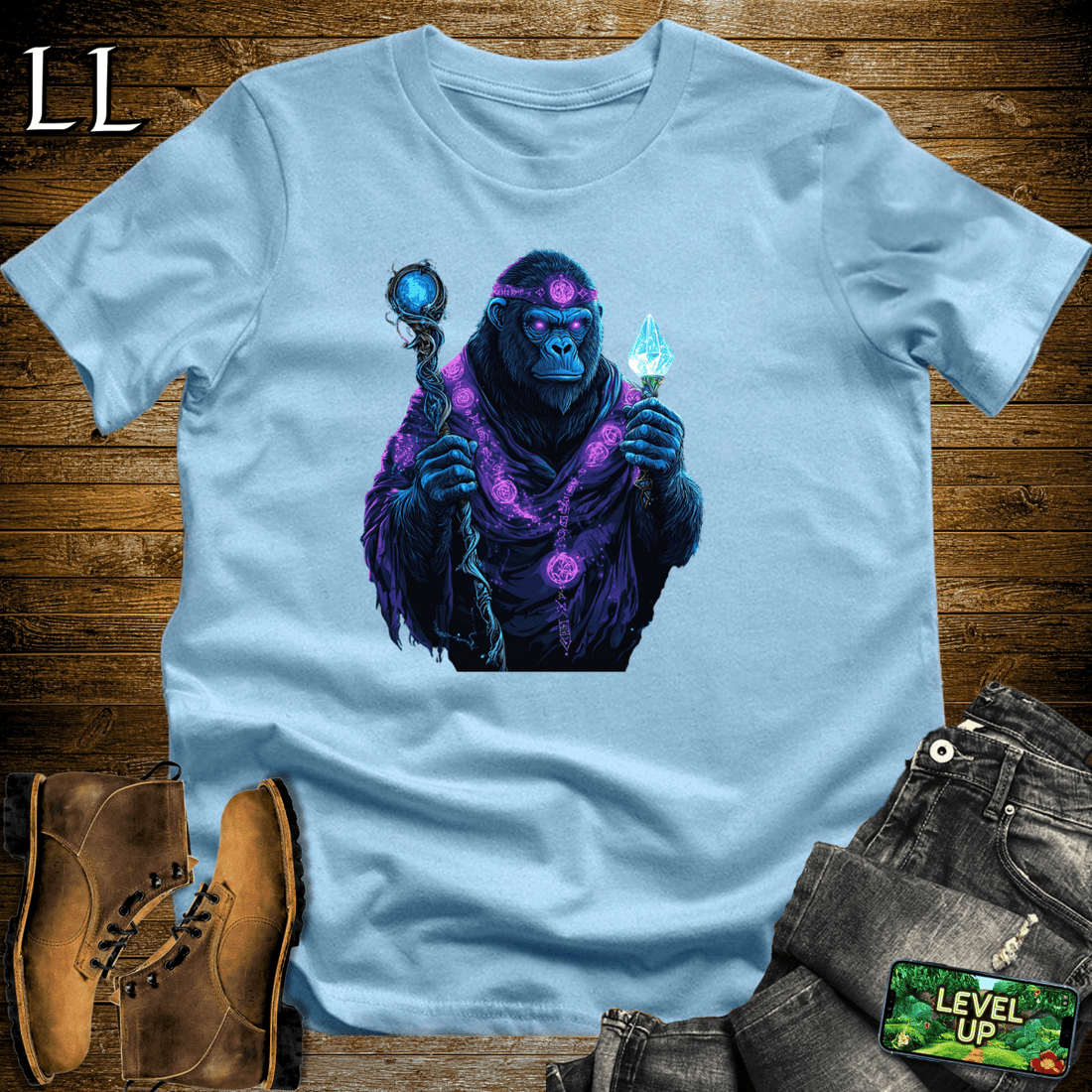 Ancient Sorcerer Gorilla Softstyle Tee Light Blue | Magic Gorilla Tee