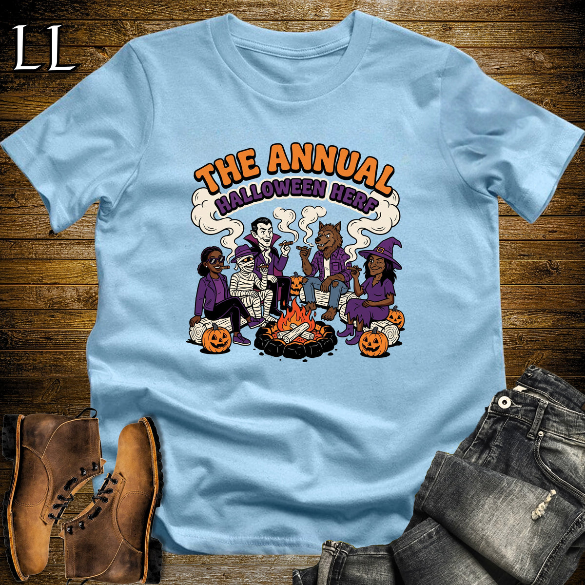 Annual Halloween Herf Monster Fire Pit Cigar T-Shirt Light Blue | Halloween Cigar Herf Tee
